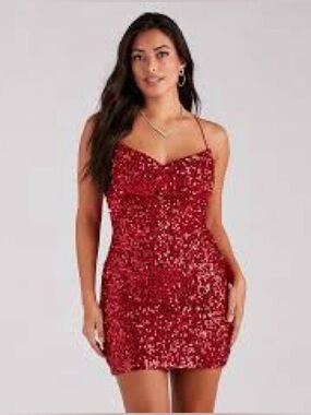 Windsor Raelyn Red Sequin Mini Dress Sparkle Bodycon Party Dress Medium